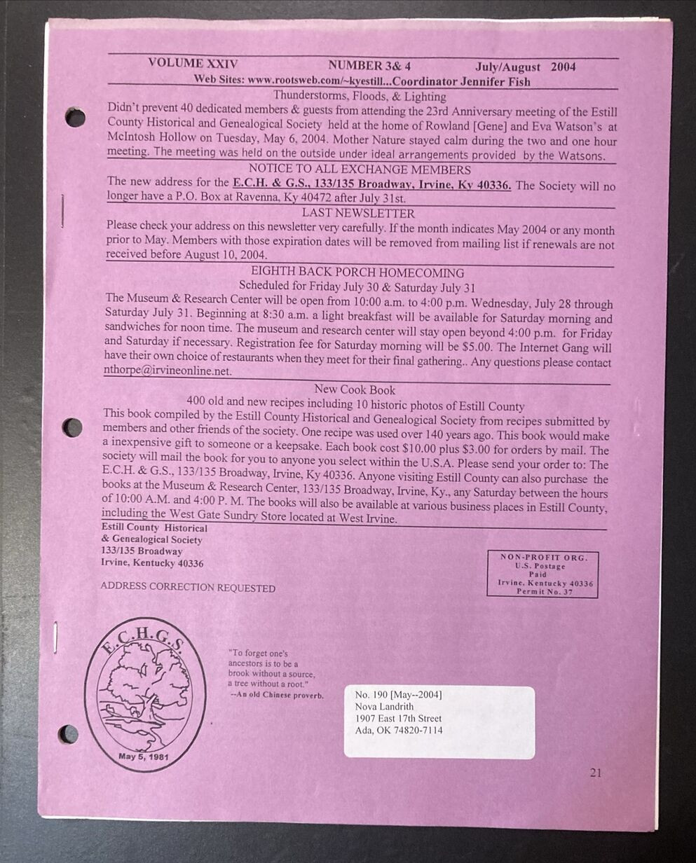 Estill County Kentucky Genealogical Society 2004 Newsletter 6 Issues ECHGS