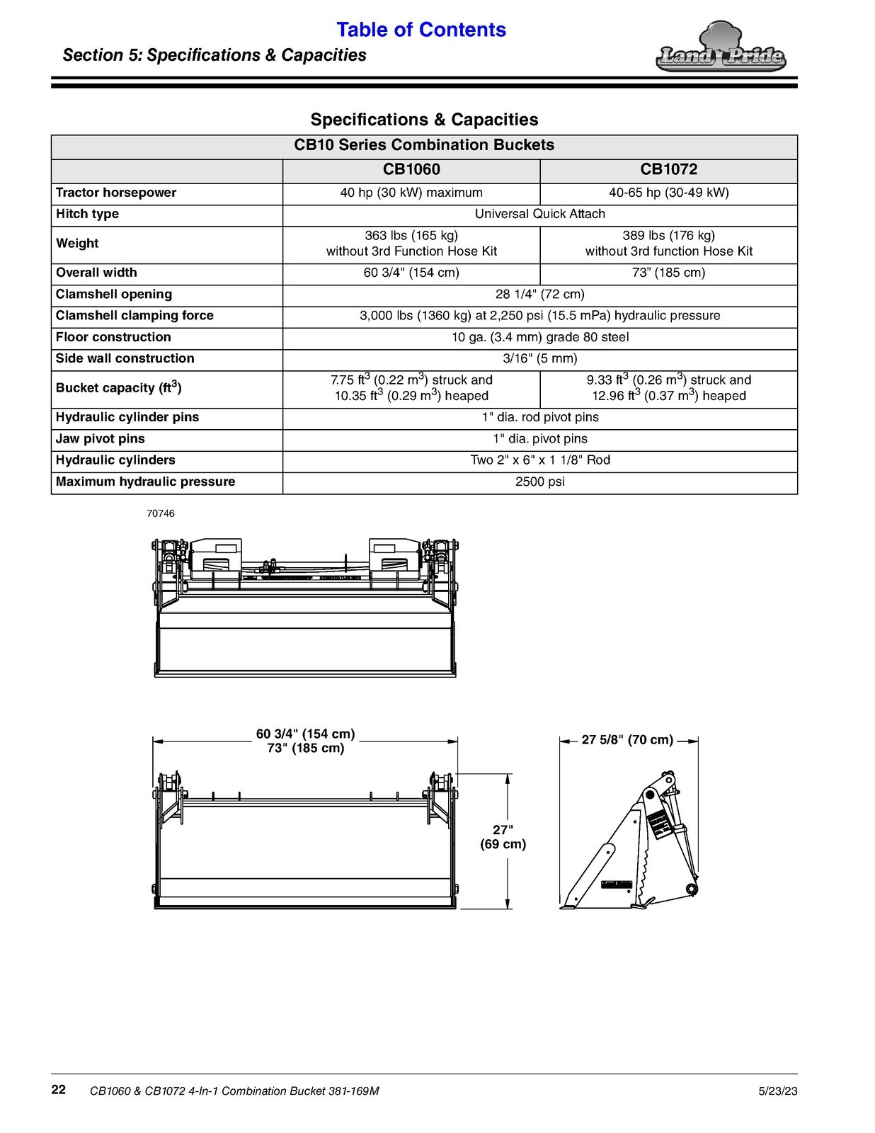 LAND PRIDE CB1060 CB1072 4-In-1 Combination Bucket Operators Manual BINDING