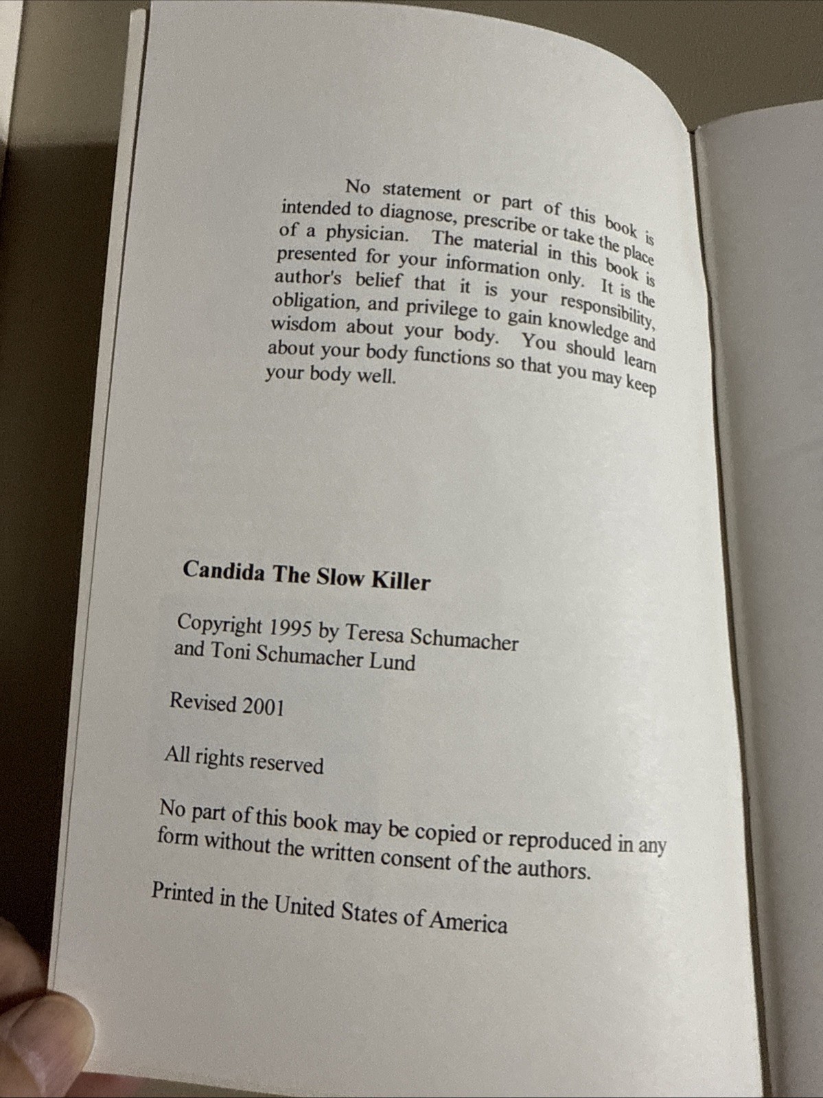 Candida, the Slow Killer, 2001 Revised Edition, 50-Page Booklet Schumacher
