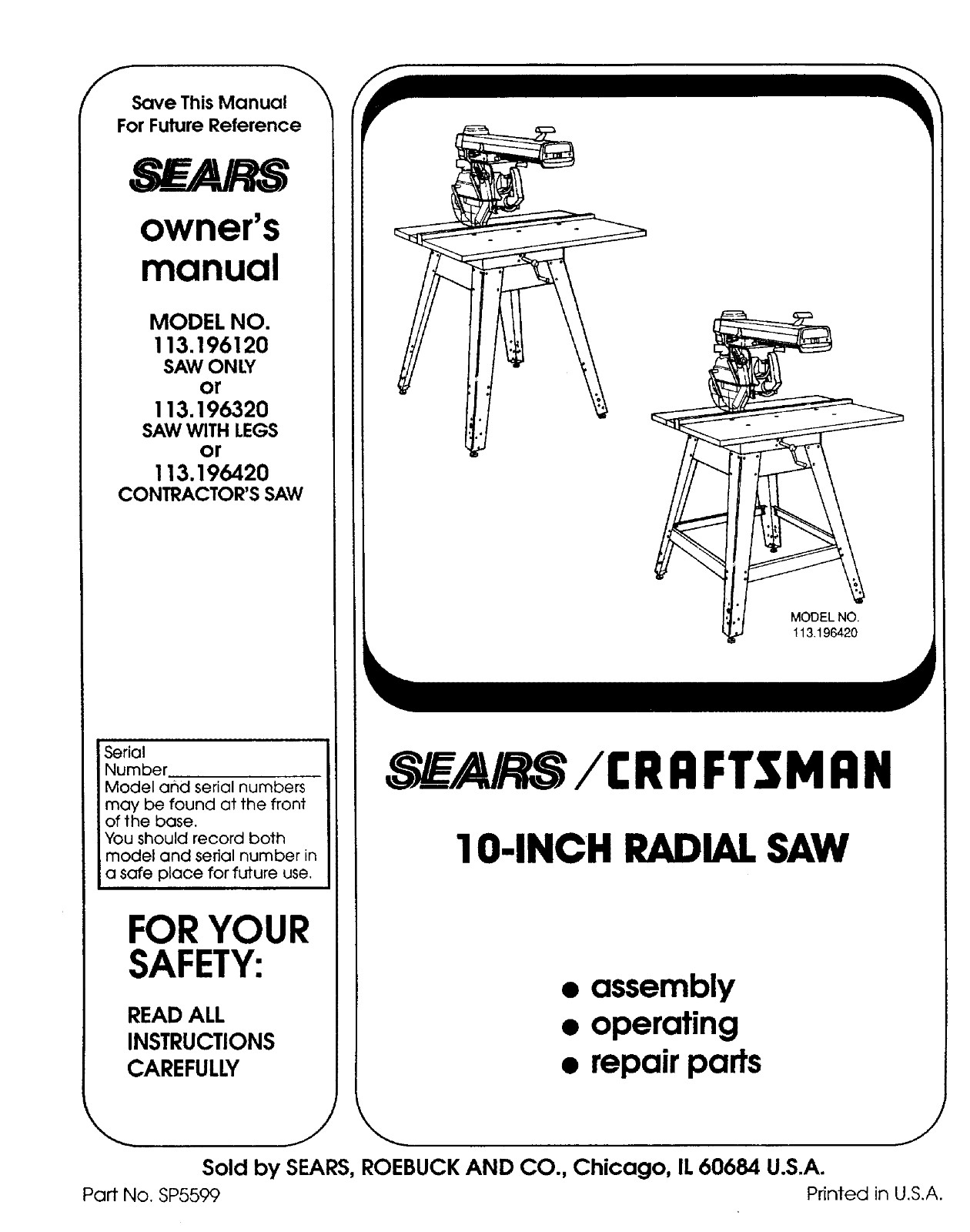 Sears Craftsman 113.196120 113.196320 113.196420 Instruction Manual: 80 Pages