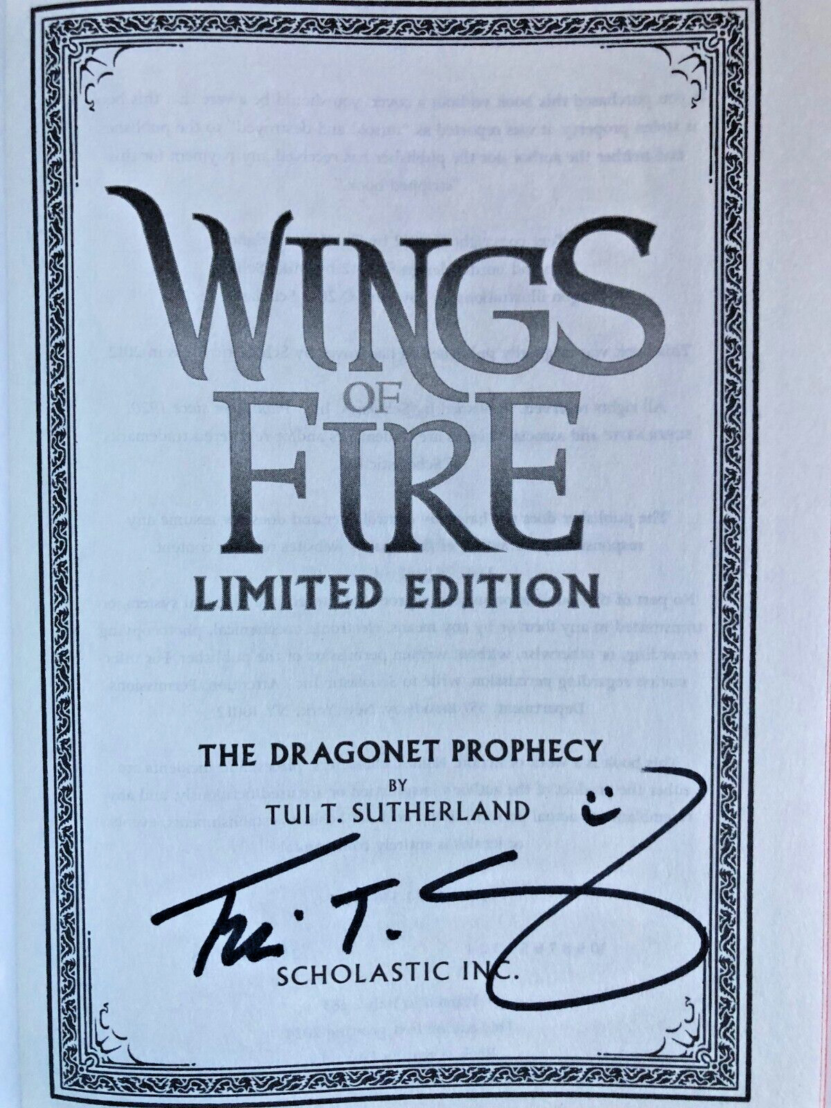 SIGNED The Dragonet Prophecy (Wings of Fire 1) Tui T. Sutherland LIMITED EDITION