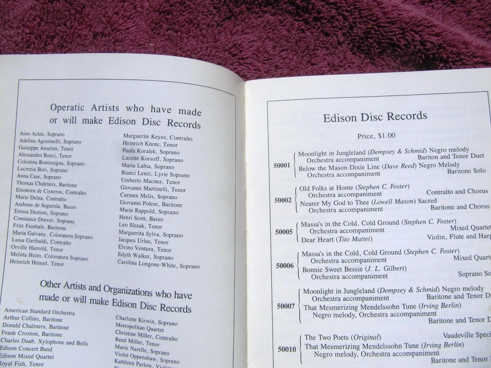 1913 PRELIMINARY LIST OF EDISON DISC RECORDS Diamond Re-Creation Catalog Thomas