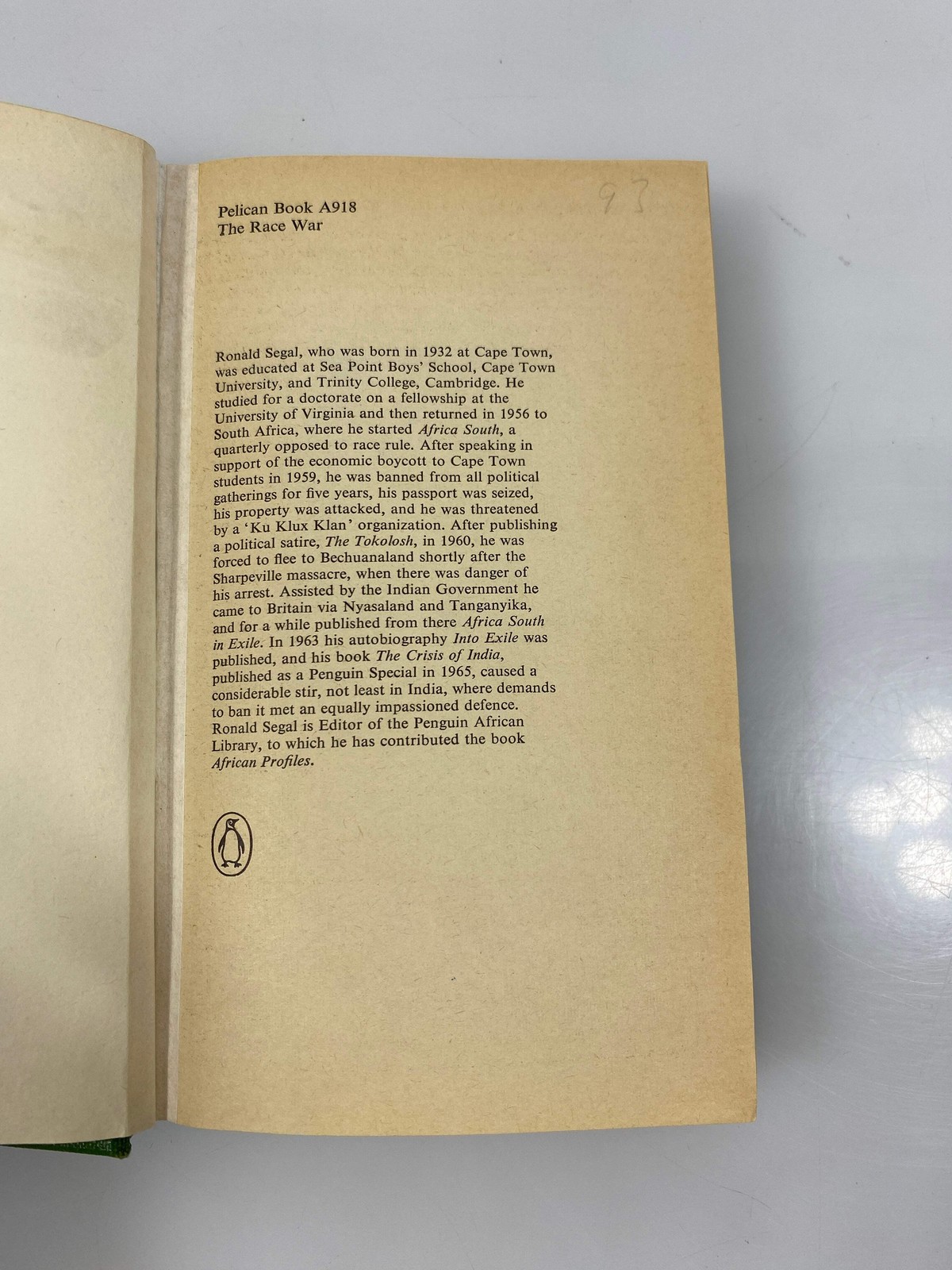 The Race War by Ronald Segal 1967 Ex-library HC