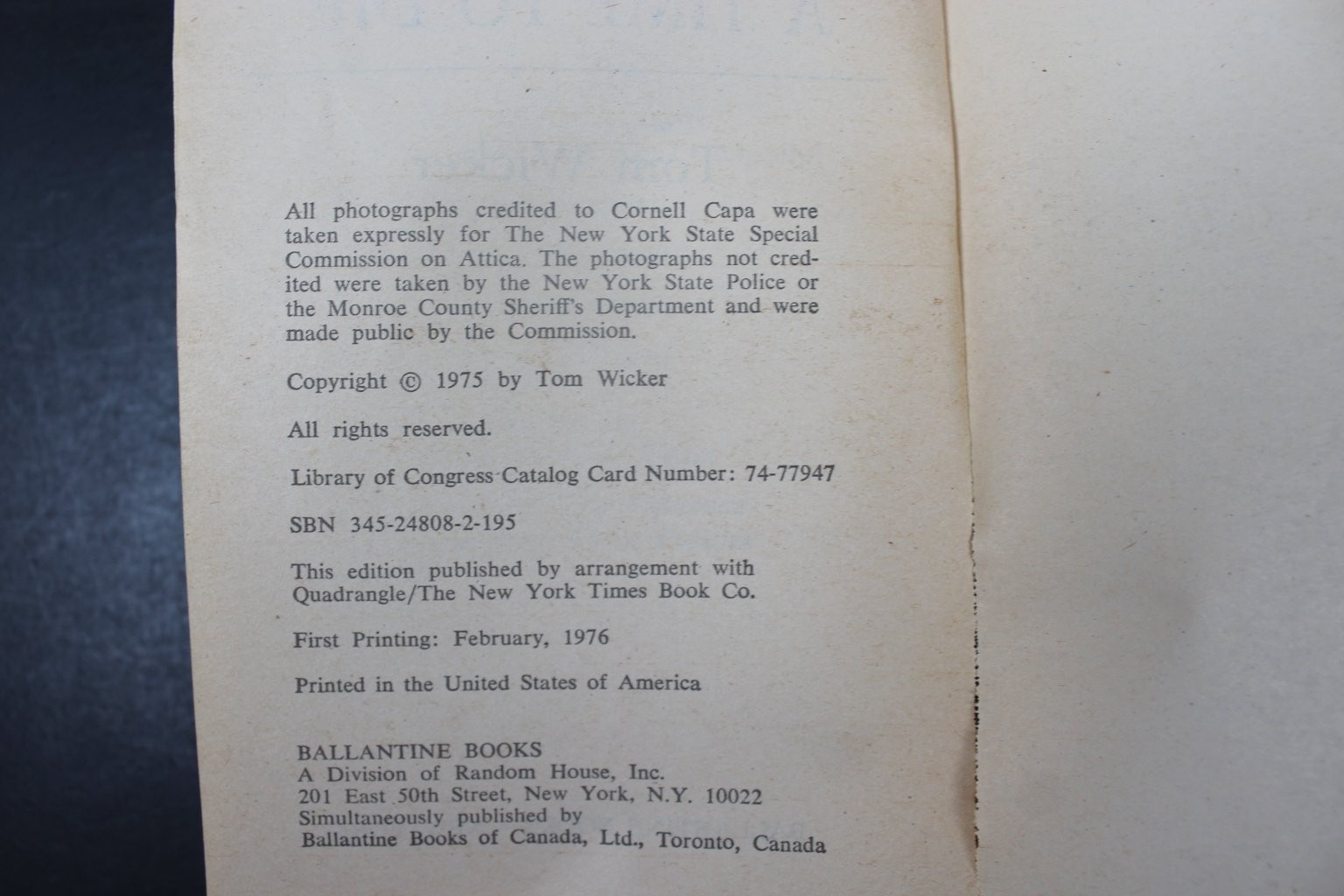 A Time To Die Tom Wicker 1976 First Printing Attica Prison Riot Ballantine PB