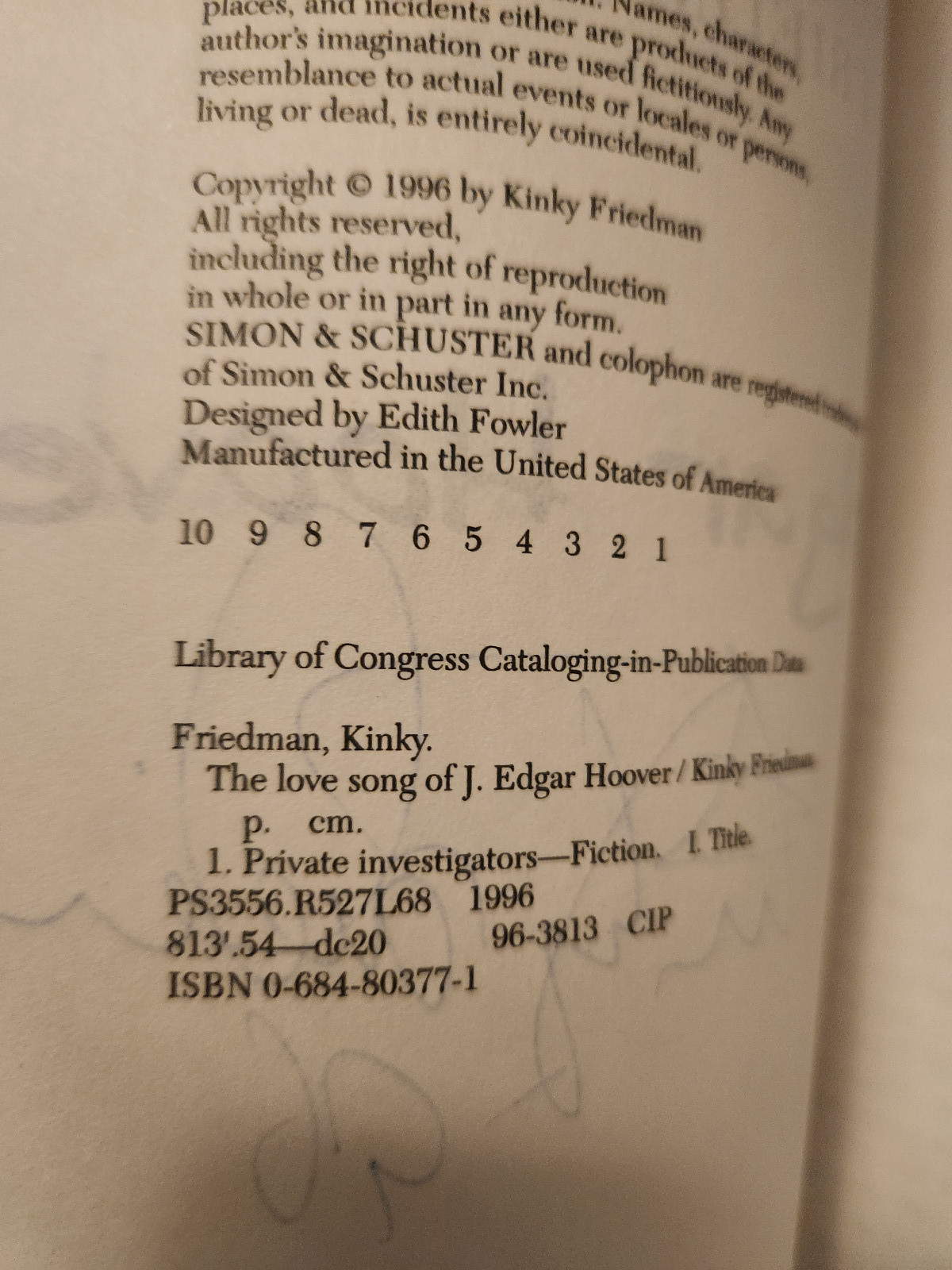 LOVE SONG OF EDGAR HOOVER KINKY FRIEDMAN 1996 SIGNED ADVANCE READER’S COPY