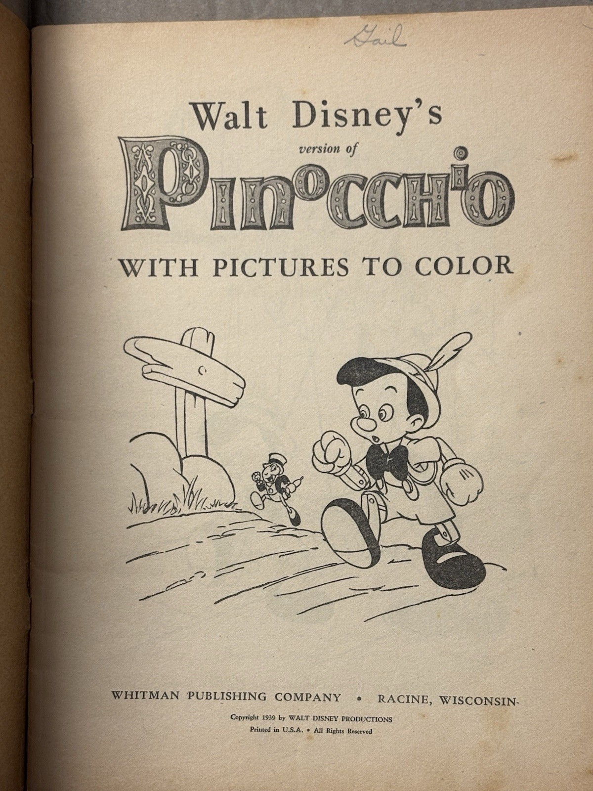 1939 Walt Disney’s Pinocchio w/Pictures to Color Whitman Publishing RARE!!