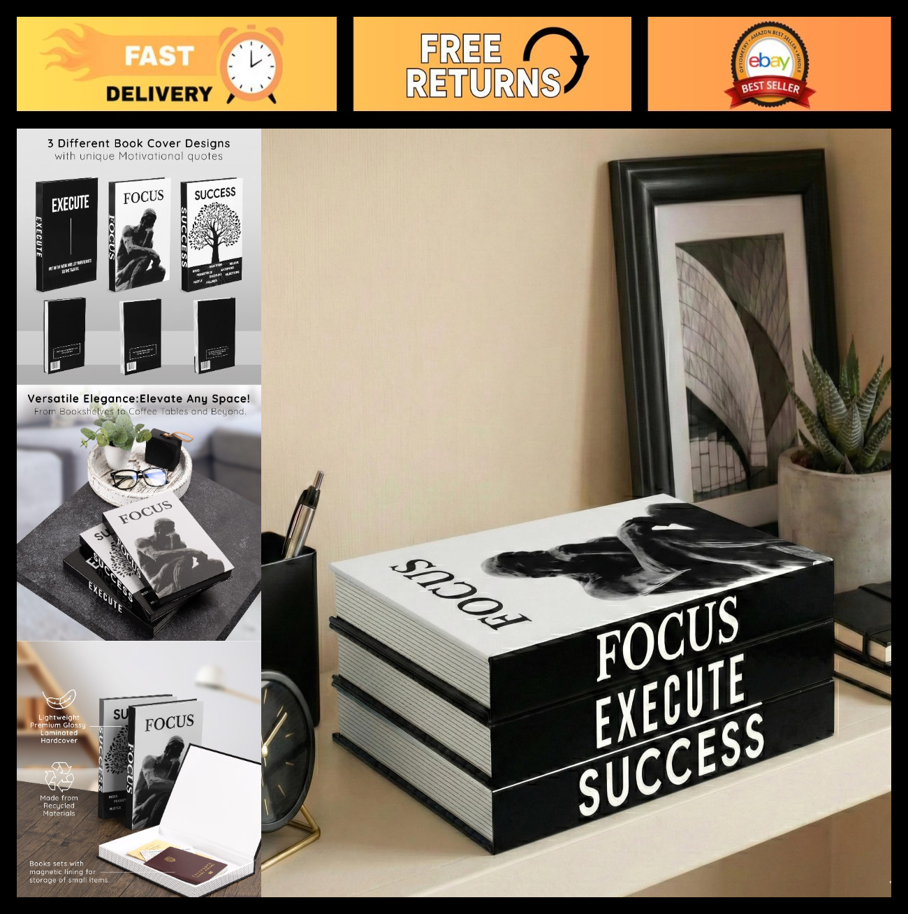Motivational Desk Décor Set of 3 Faux Books for Modern Home Office Aesthetic She