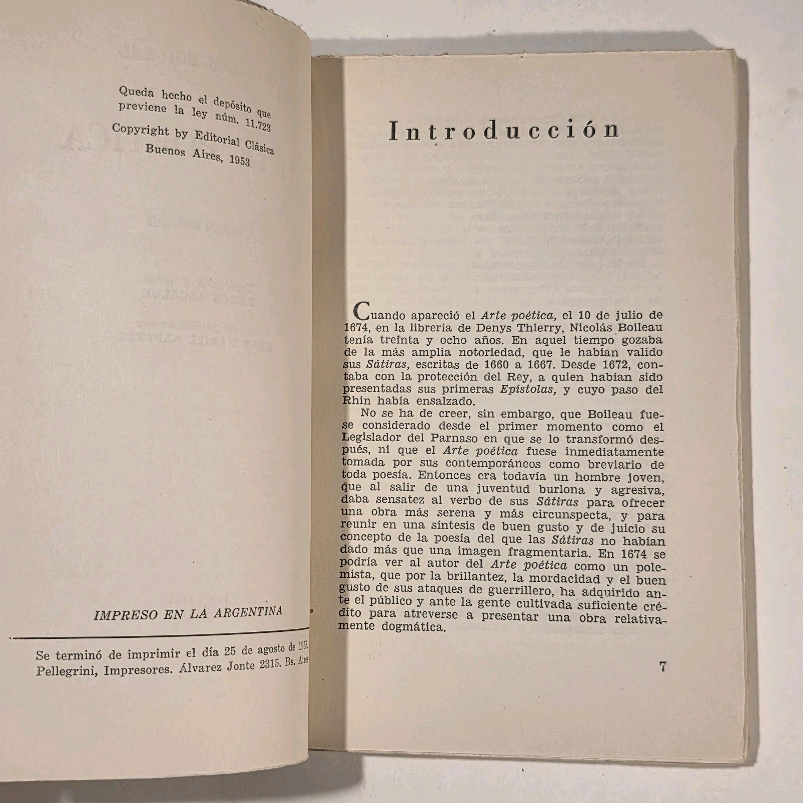 Nicolas Boileau Arte Poética Edición Bilingüe 1953 Editorial Clásica Buenos Aire