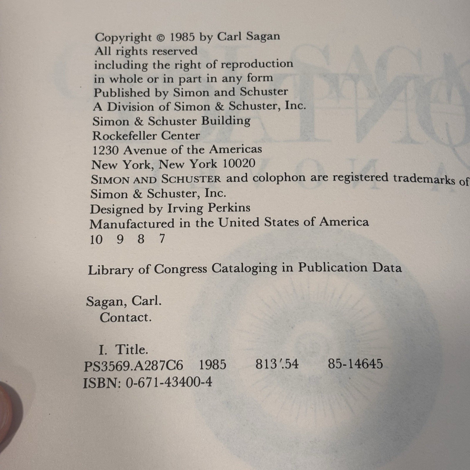 Carl Sagan Contact 1985 Hardcover 7th Printing Dust Jacket Excellent Condition