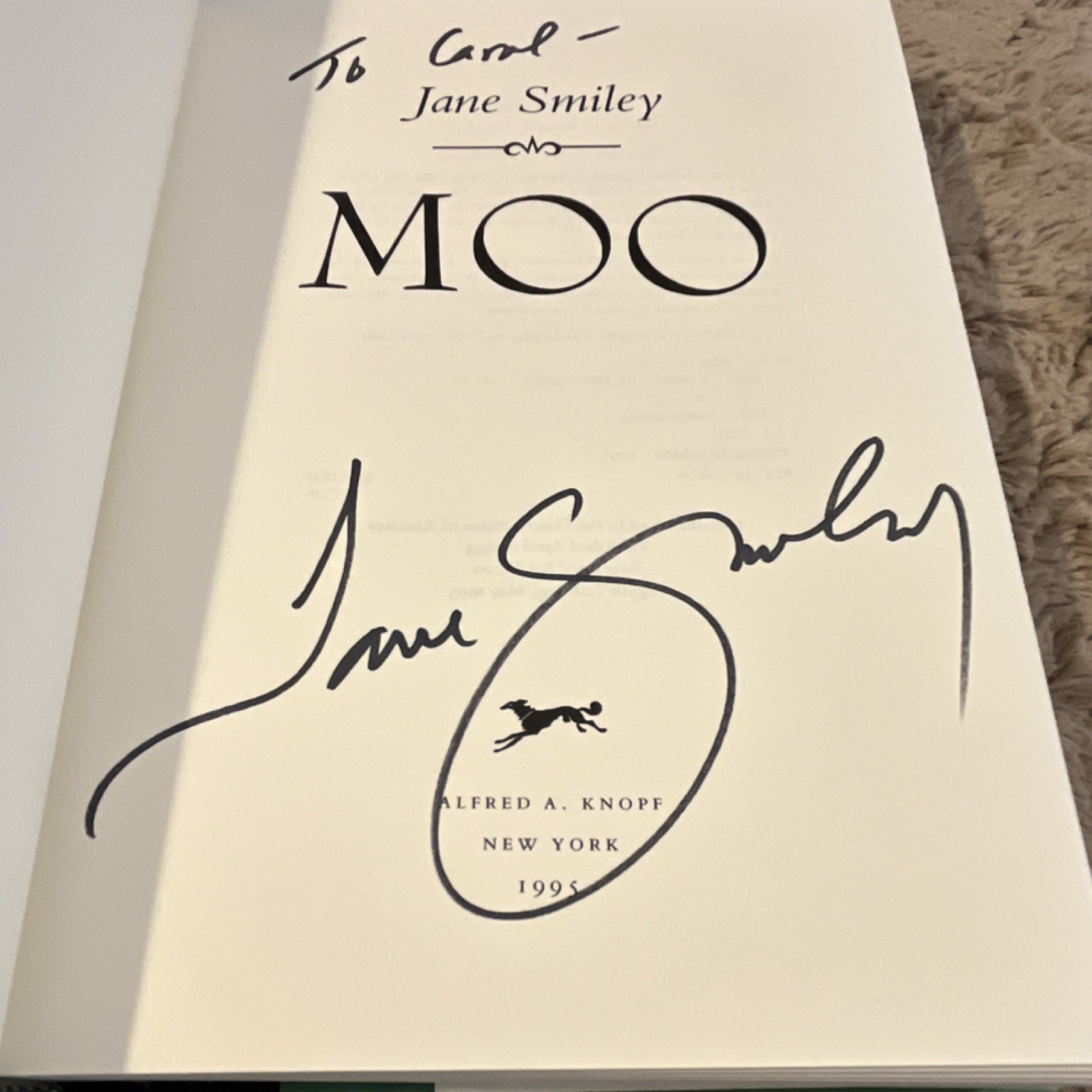 Alfred A. Knopf Moo by Jane Smiley, Hardcover 1995 1st Ed Signed Inscribed DJ