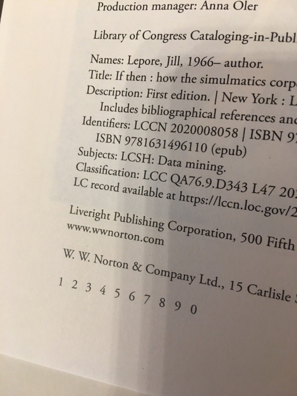 If Then. Jill Lepore. 1st HC Ptg Liveright 2020. Fine Unread