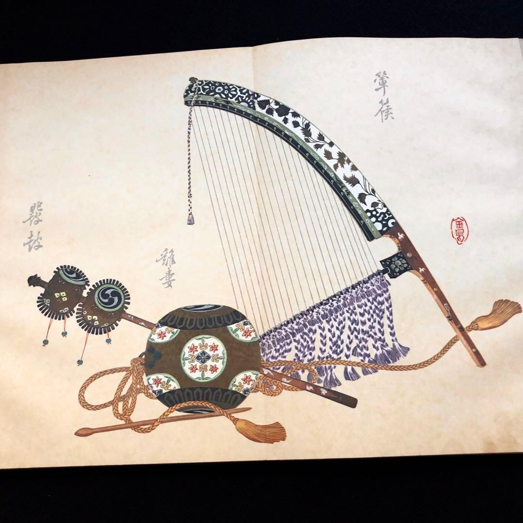 Japanese Traditional Musical Instruments Book with Rakugi Paintings, Used