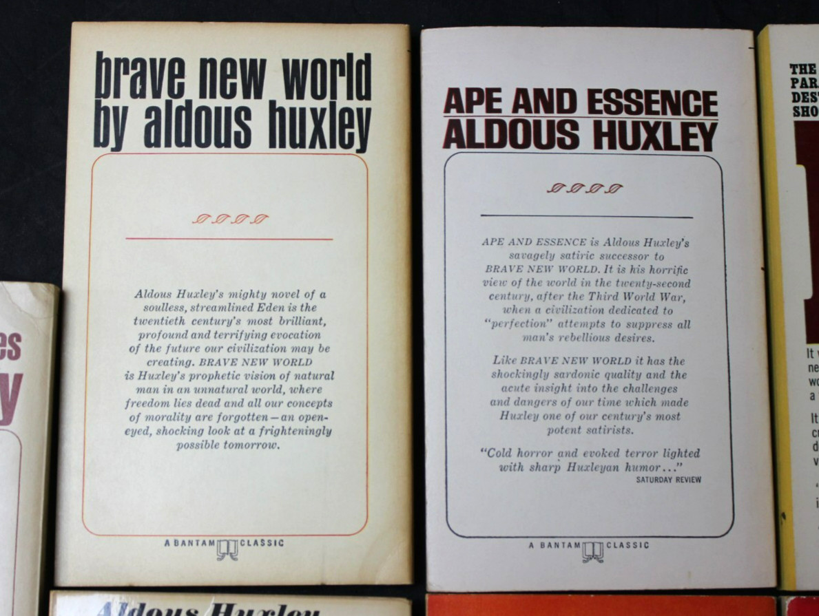 7 VINTAGE ALDOUS HUXLEY PAPERBACK BOOKS: BRAVE NEW WORLD, ISLAND, APE & ESSENCE