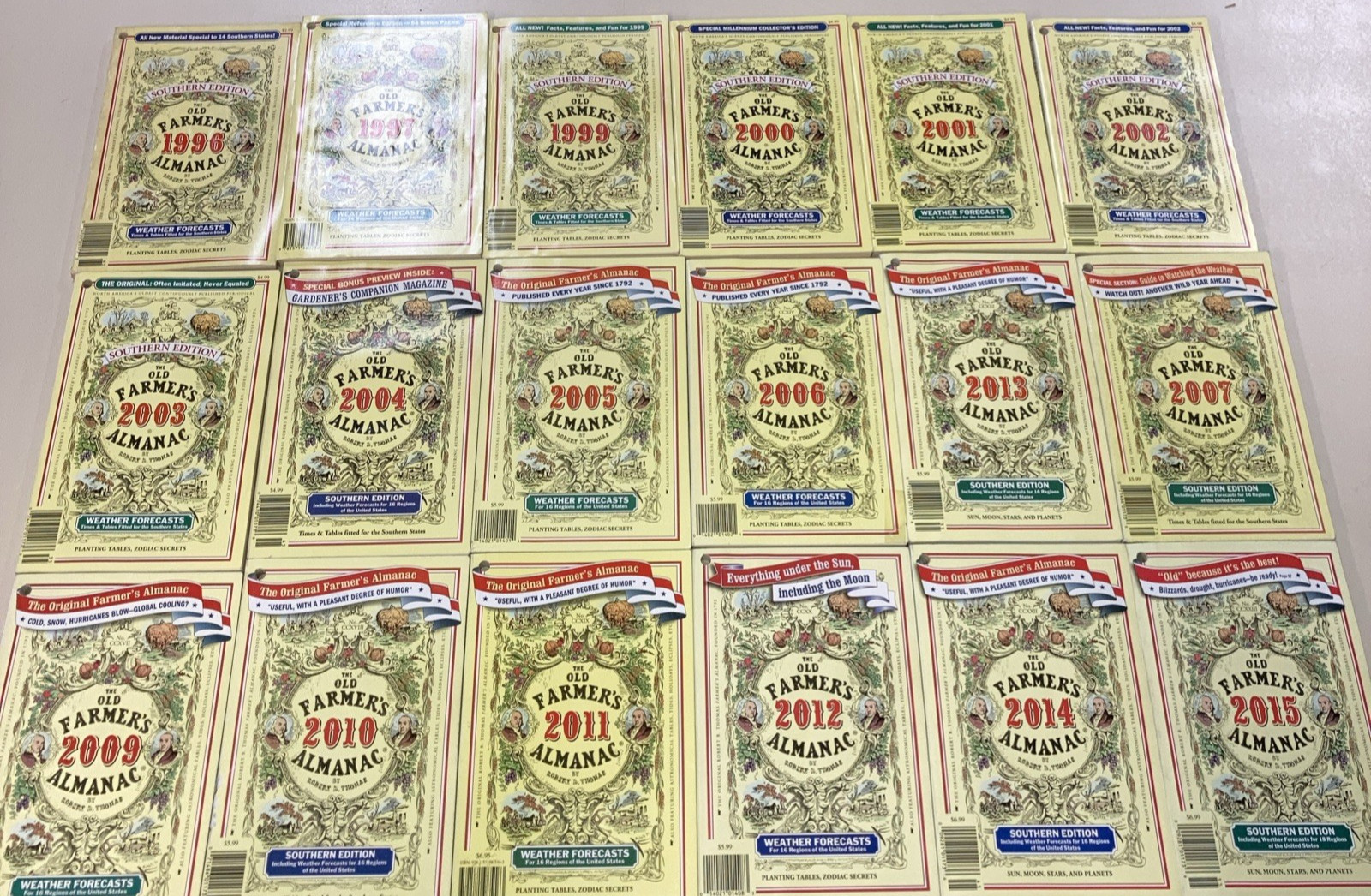 Old Farmer’s Almanac lot of 18 years SC Robert Thomas Weather & Southern Edition