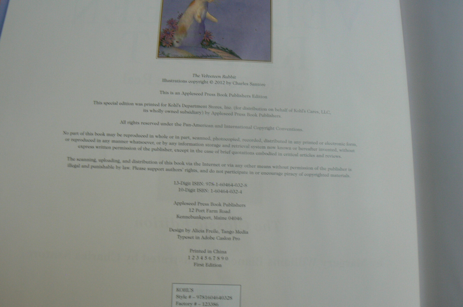 The Velveteen Rabbit, Classic Edition, Bianco/Santore,First Edition HC 10.5″x11″