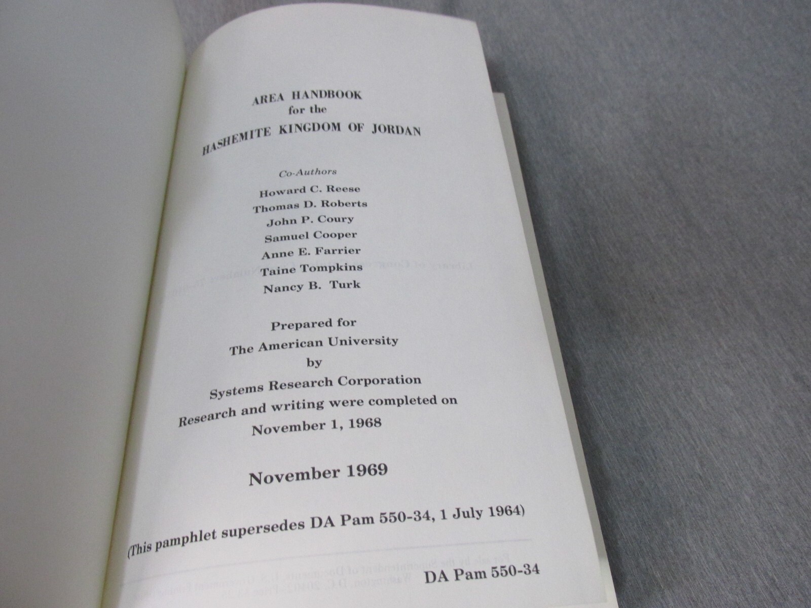AREA HANDBOOK FOR HASHEMITE KINGDOM OF JORDAN DA PAM 550-34 Hardcover