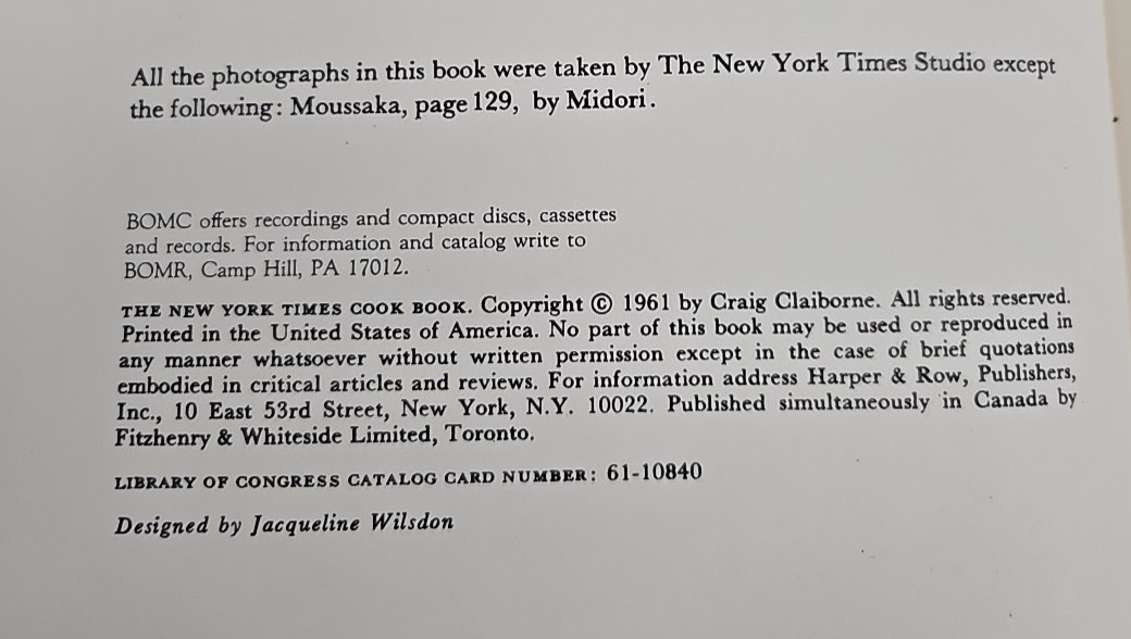 The New York Times Cook Book By Craig Claiborne VTG 1961 HC