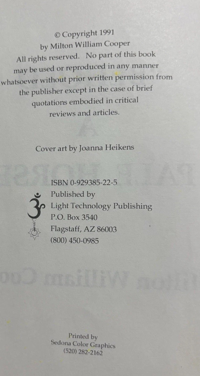 „BEHOLD A PALE HORSE“ William Cooper PB – 1991 – 500 pages Conspiracy Theory