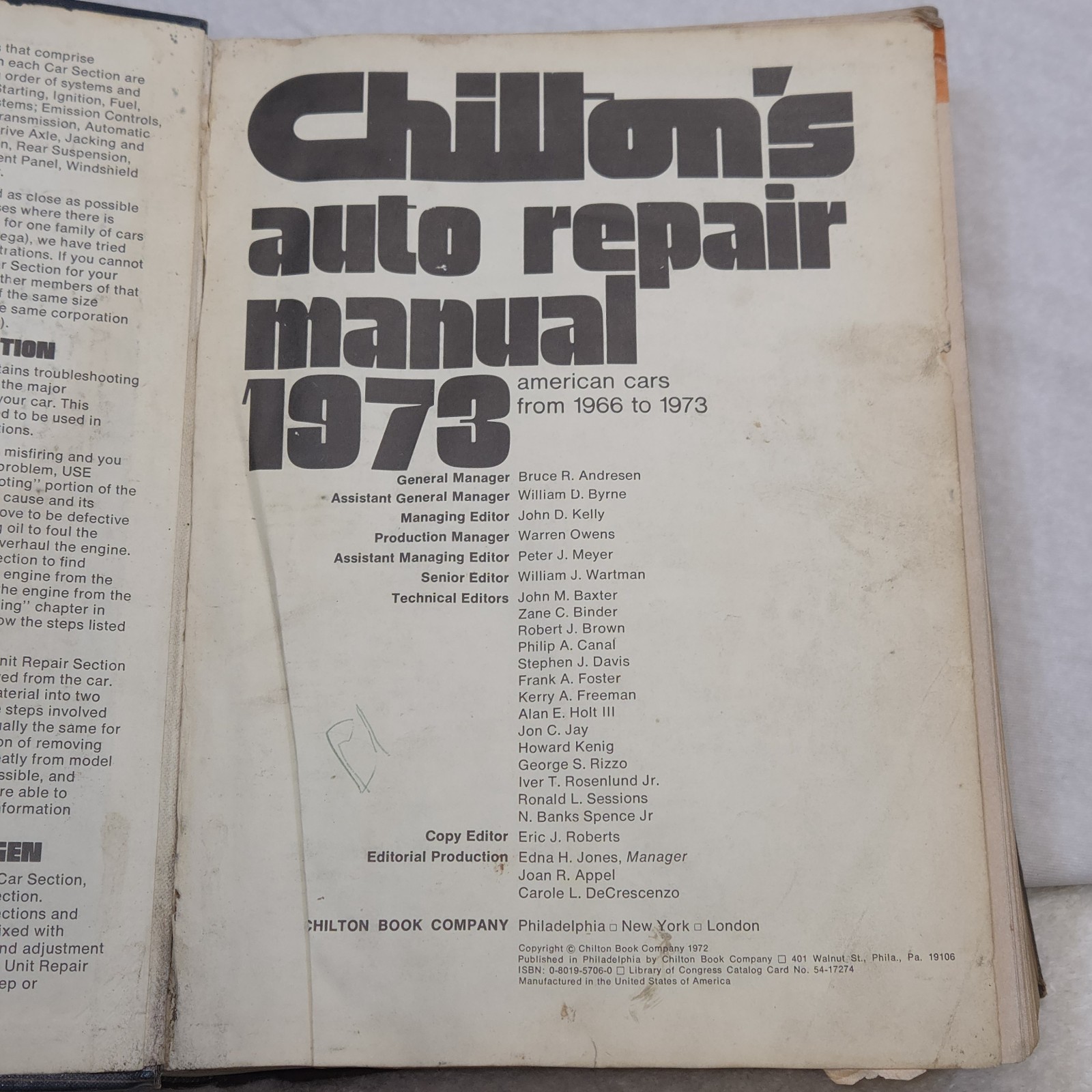 Chilton’s Auto Repair Manual American Cars From 1966 /1973 Universal Memorabilia