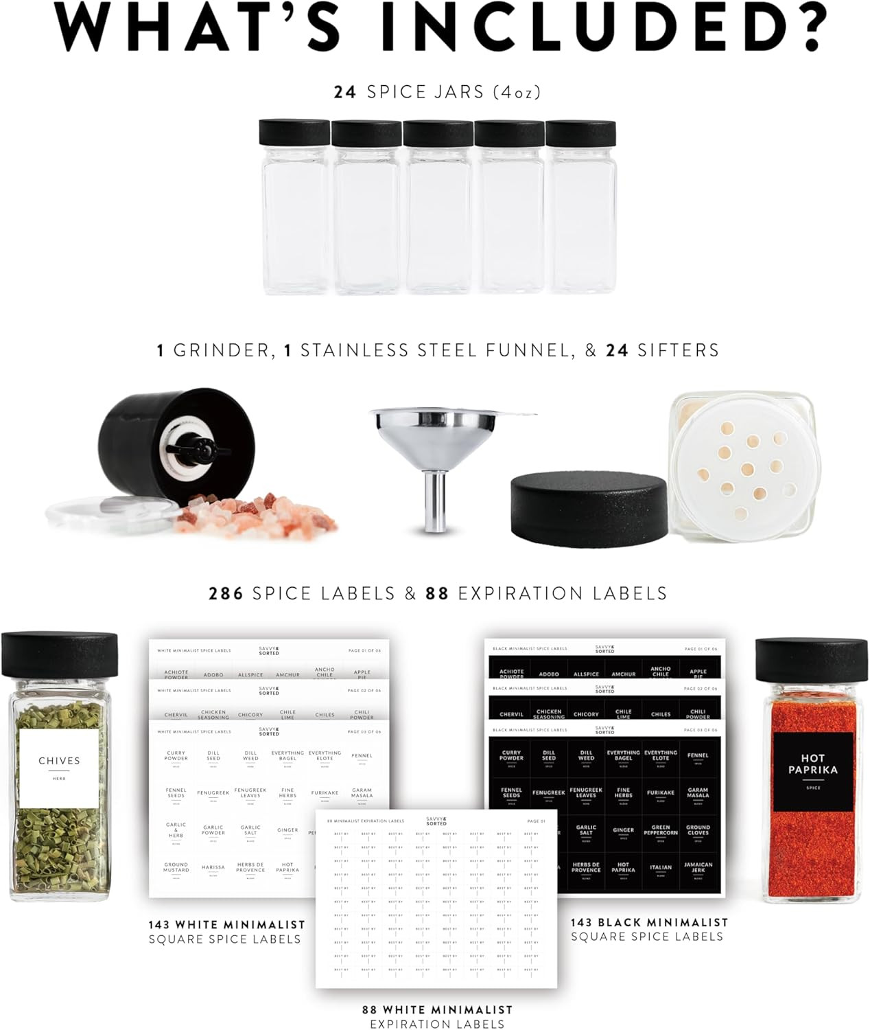 Glass Spice Jars with Label 24 PK – 4 Oz Spice Containers with 374 Minimalist Pr