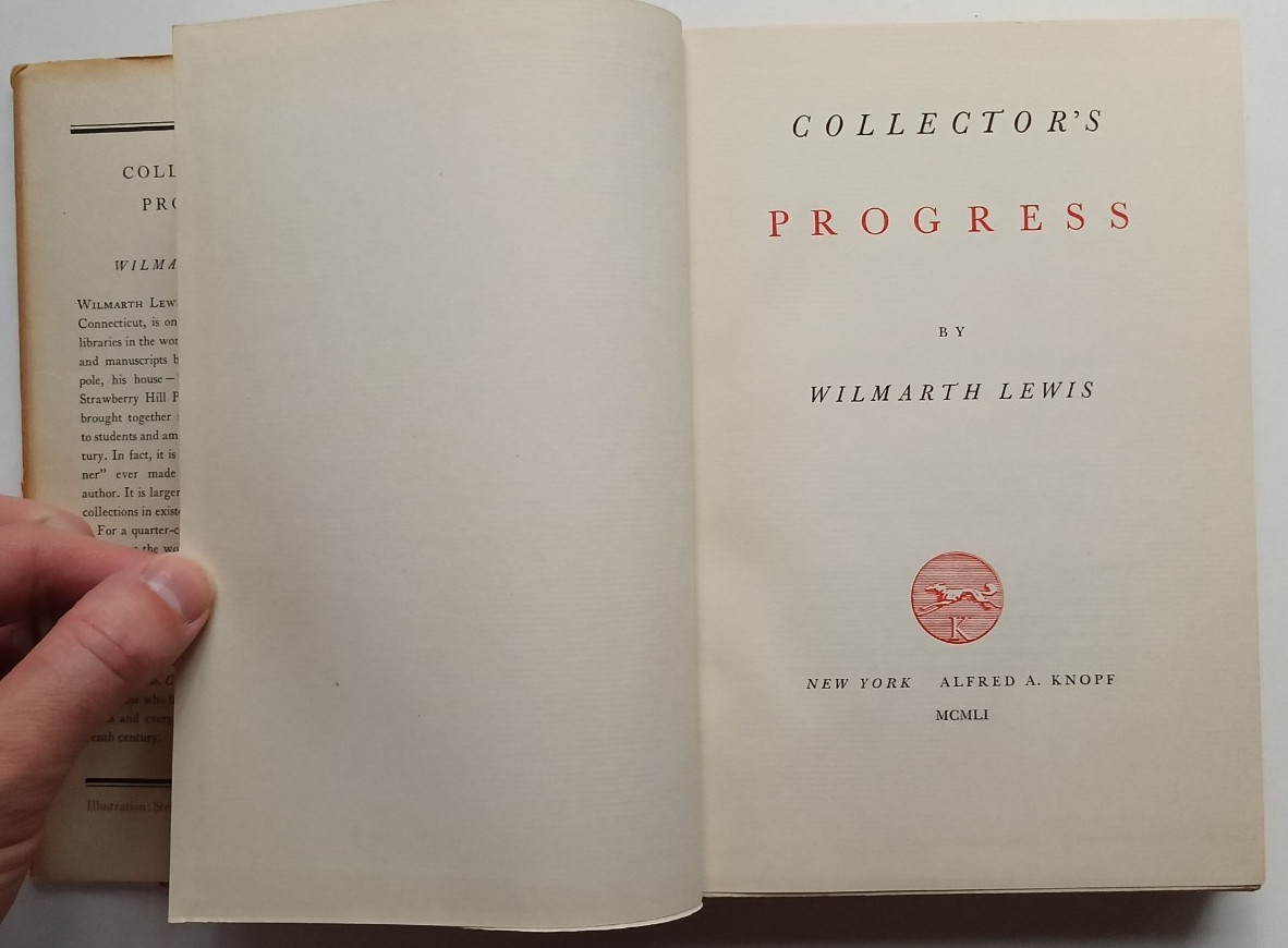 Collector’s Progress (1st edition) by Wilmarth Lewis (Alfred A Knopf, 1951) HCDJ