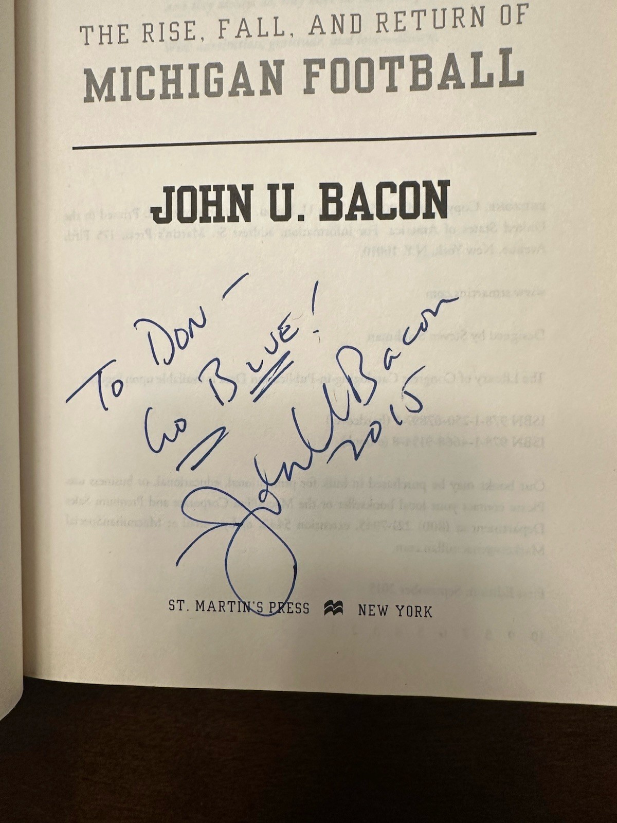 John U Bacon – Endzone Michigan Football – Signed 1st Edition – 2015 –