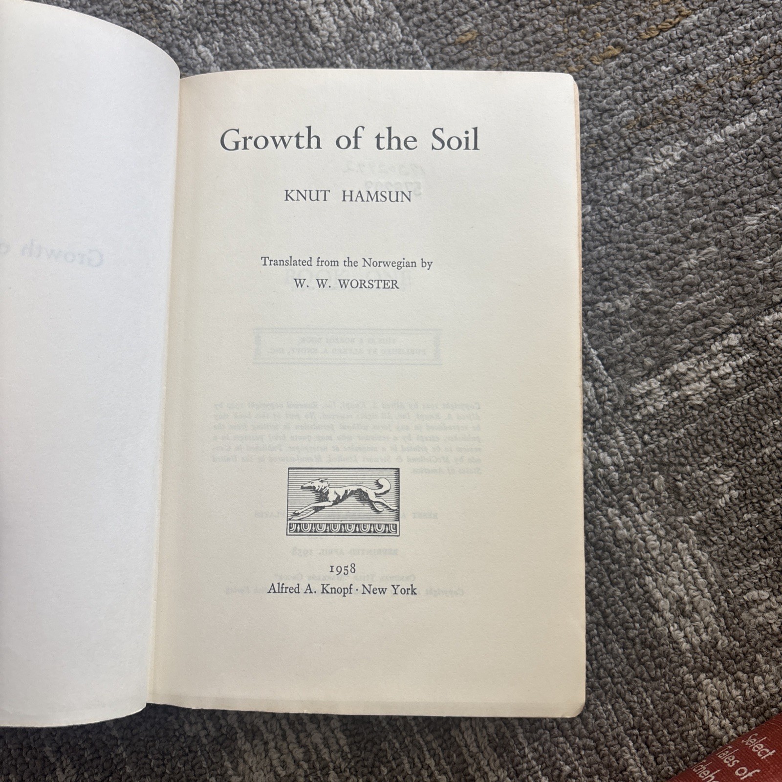 Growth of the Soil by Knut Hamsun Hardcover Fifth Printing Alfred A. Knopf 1958