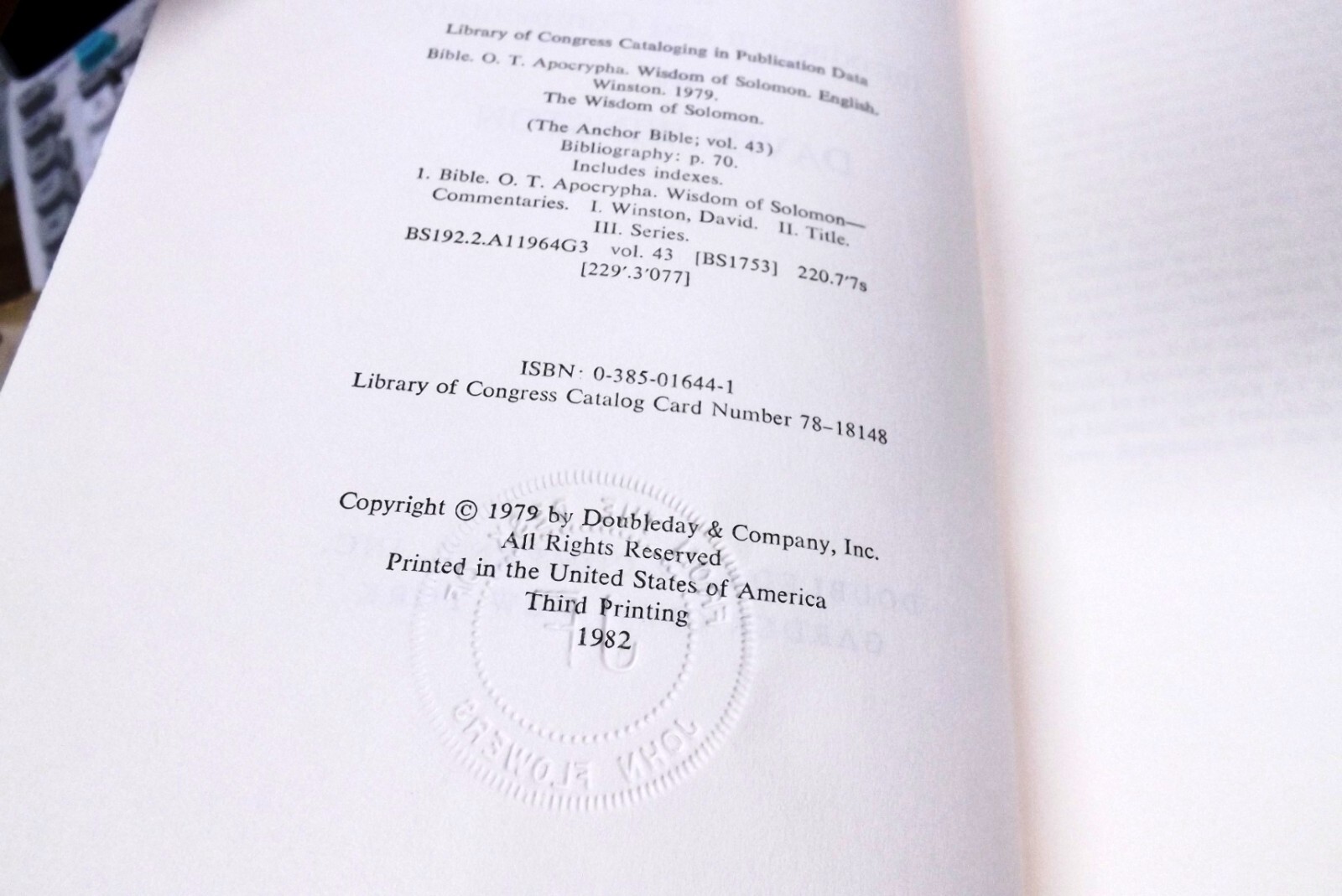 Anchor Bible Commentary Volume 46 The Wisdom of Solomon David Winston 1979
