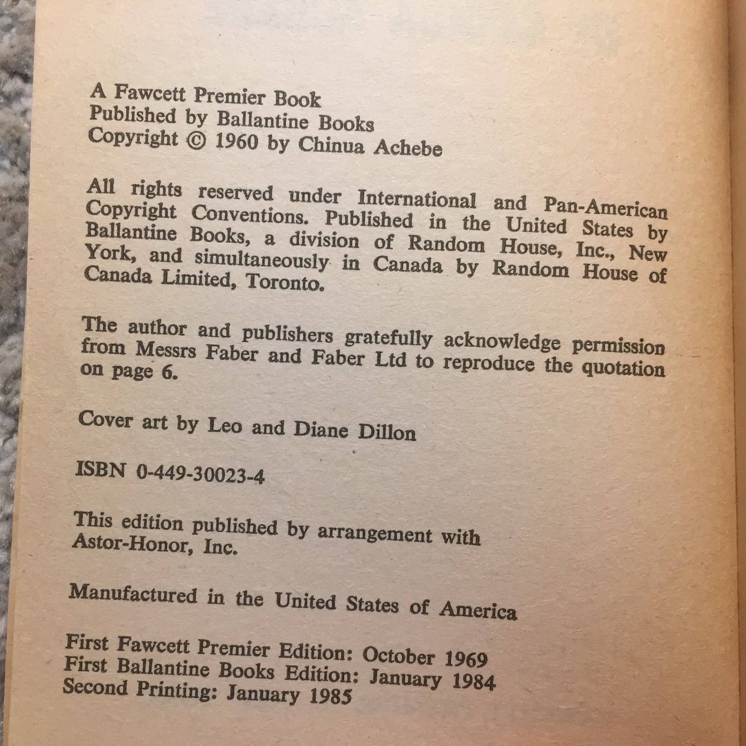 No Longer At Ease by Chinua Achebe 1985 First Fawcett Premier Edition Paperback