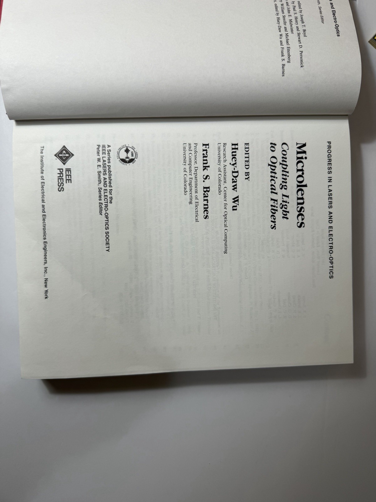 Microlenses Coupling Light to Optical Fibers Wu Barnes IEEE Press 1991 HC