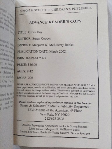 Green Boy by Susan Cooper Advanced Readers Copy 2002 ARC Paperback