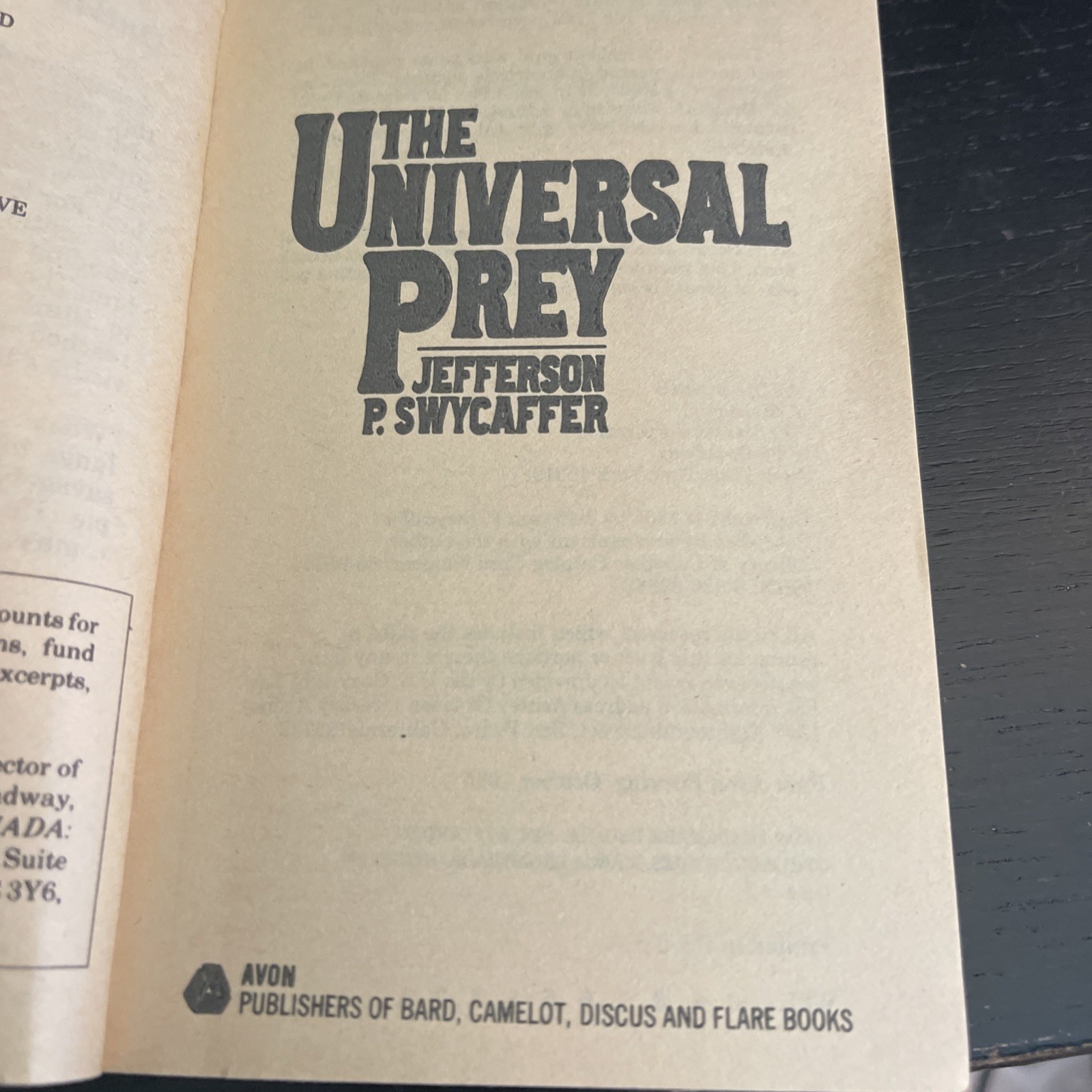 The Universal Prey, by Jefferson P. Swycaffer – US paperback, Avon Books, 1985