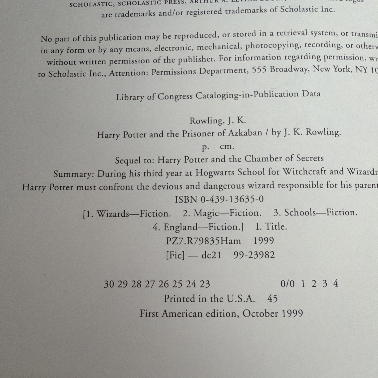 Harry Potter and the Prisoner Of Azkaban Rowling, J. K. 1st American Ed. HC DJ