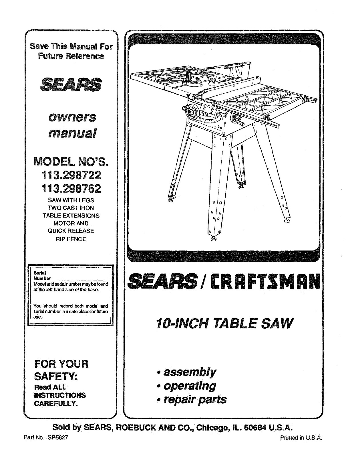 Sears Craftsman 113.298722 113.298762 Instruction Manual User Guide: 56 Pages