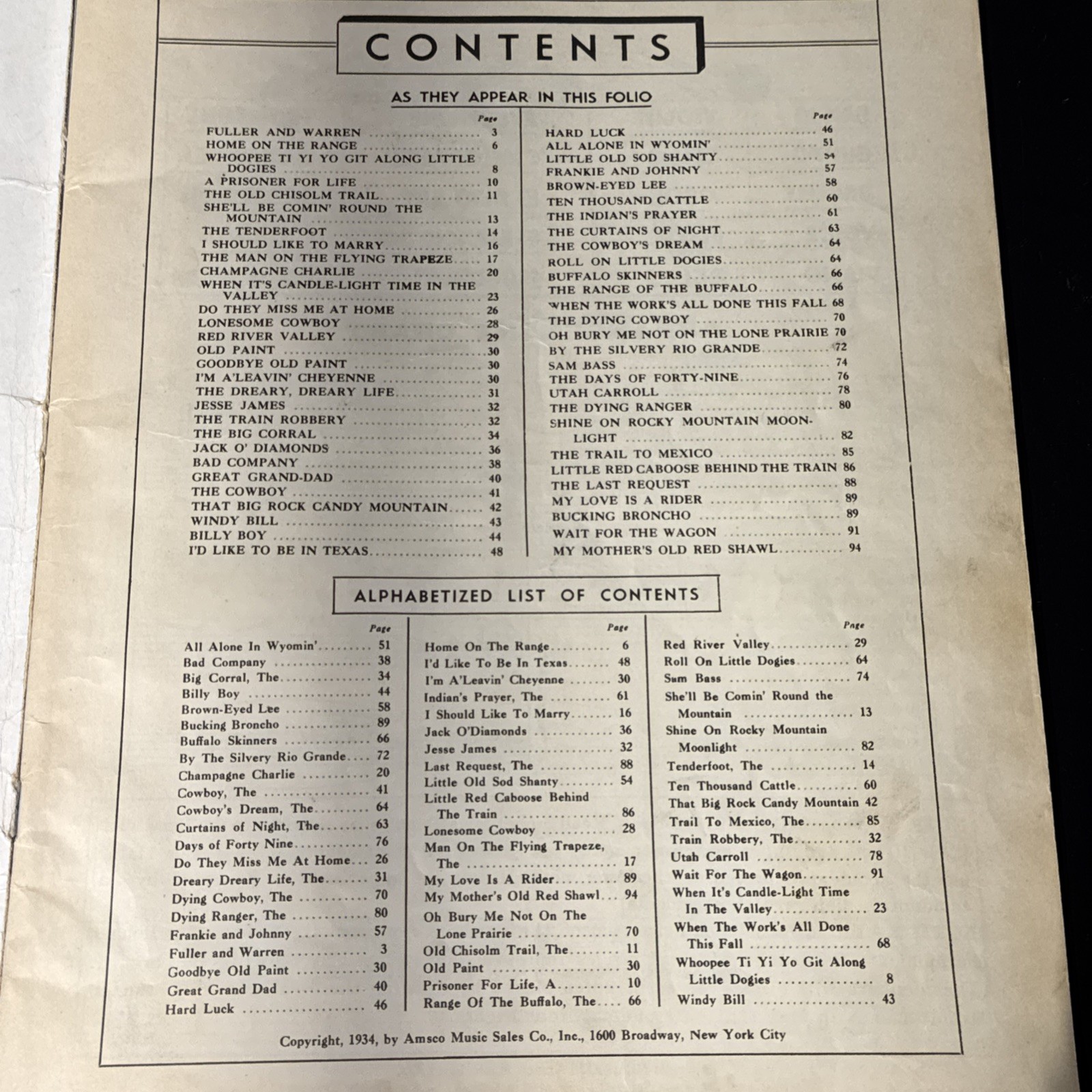 The Big Round Up of Cowboy Songs Amsco Music Sales Company 1934 Vintage