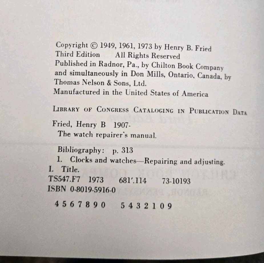 THE WATCH REPAIRER’S MANUAL BY HENRY FRIED 1974 THIRD EDITION HC/DJ VERY NICE!