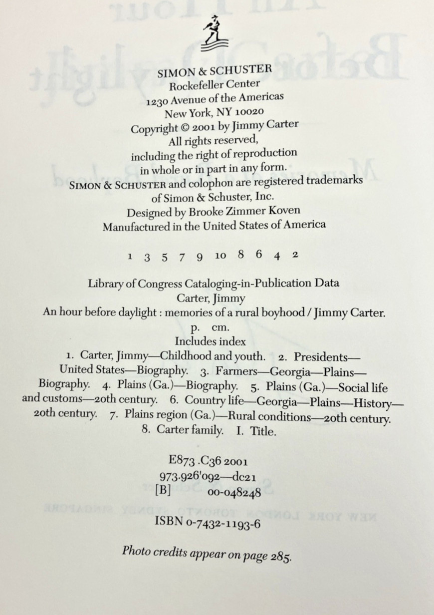 An Hour Before Daylight Jimmy Carter First Edition in Dust Jacket-2001 * Signed*
