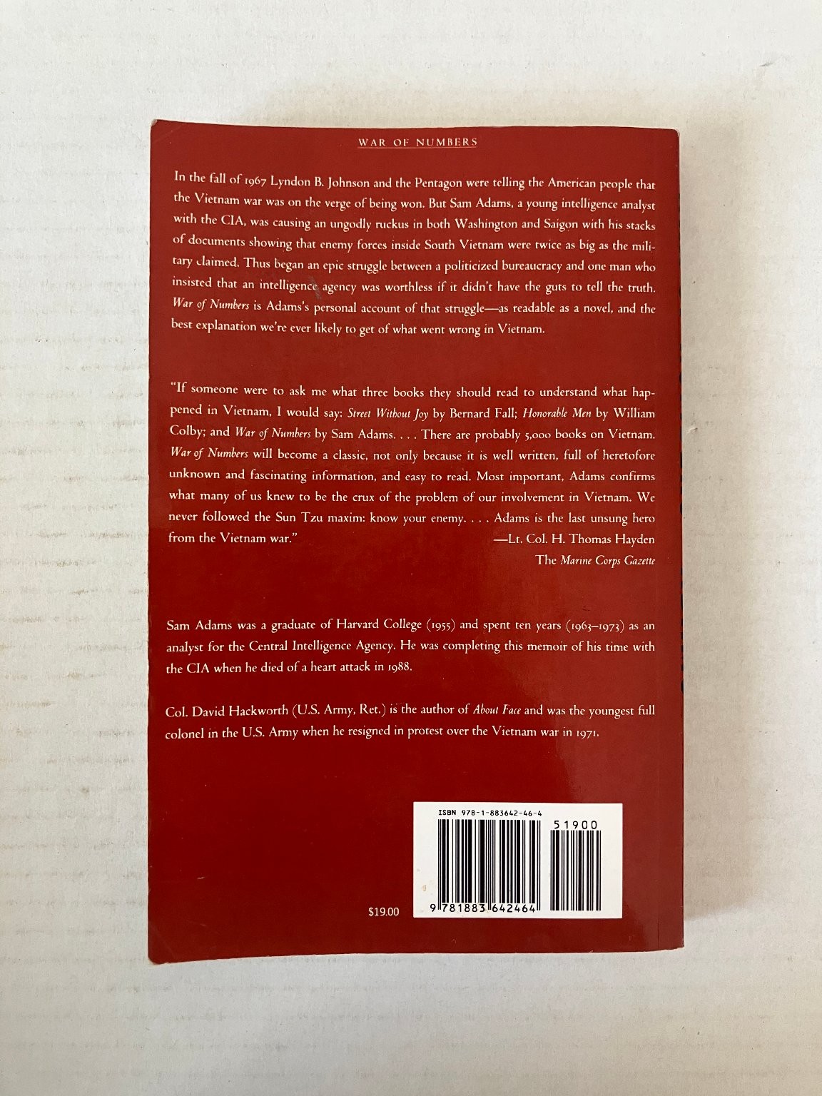 War of Numbers Sam Adams 1994 Intelligence Memoir Steerforth Press Paperback