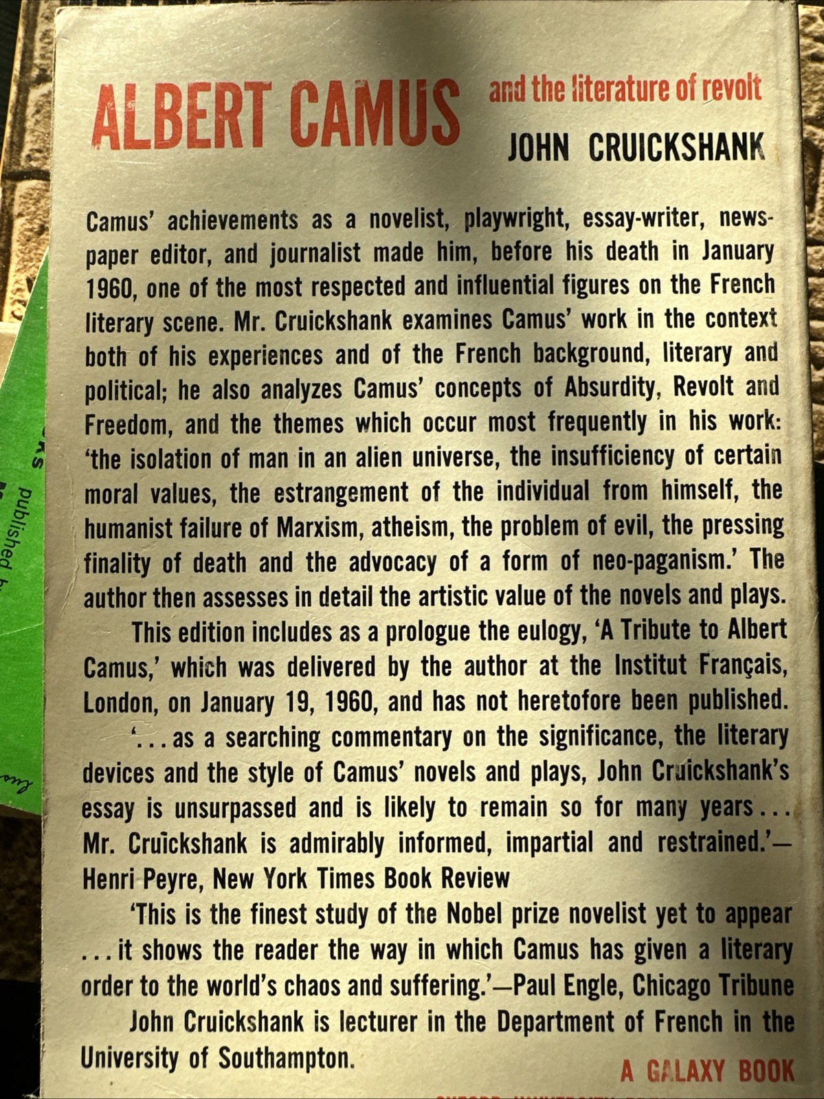 Albert Camus And The Literature Of Revolt – John Cruickshank 1963 PB