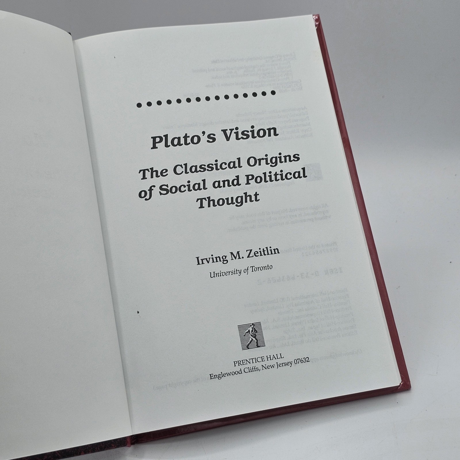 Plato’s Vision Irving Zeitlin 1993 HC Social Political Thought Prentice 1st Ed