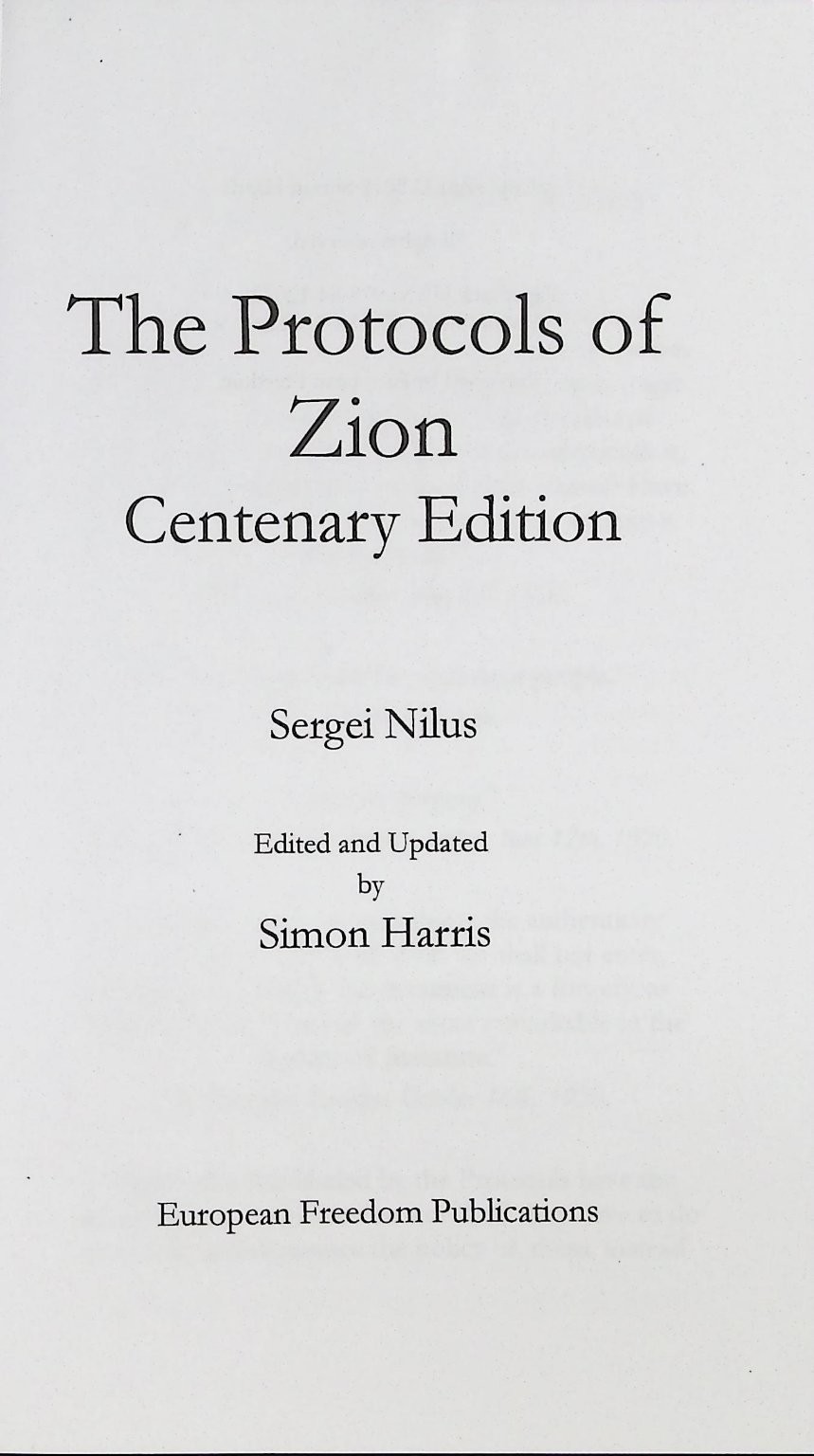Protocols of Zion Sergei Nilus 2019 Centenary Edition European Freedom