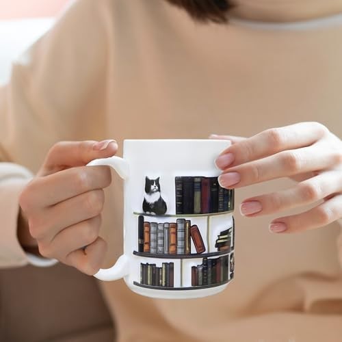 3D Embossed Book Mugs for Readers – 15oz Library Shelf Cup, Cat Lovers Gift