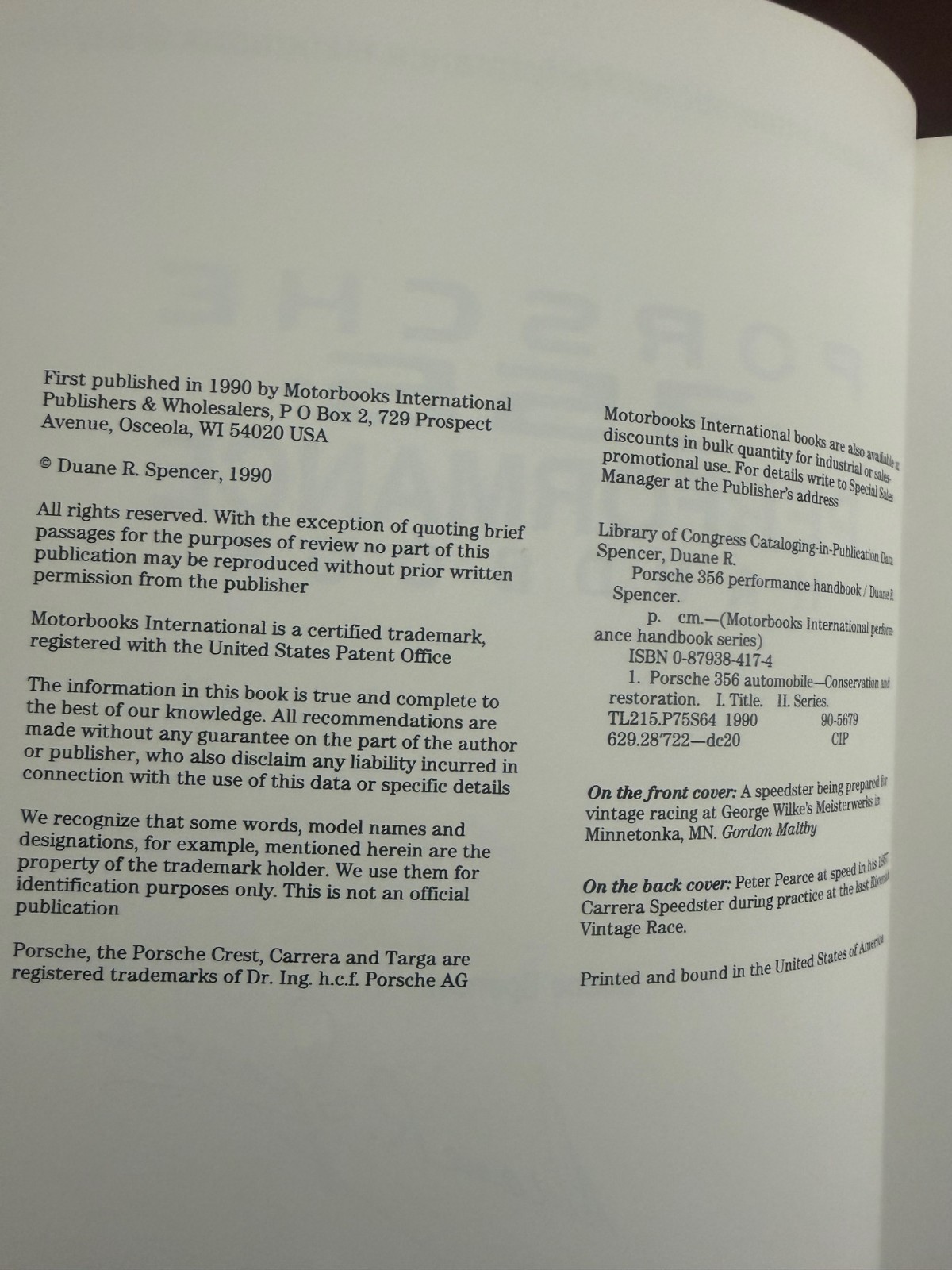 Porsche 356 Performance Handbook 1990 Paperback 1st Ed *SIGNED* *Very Good*