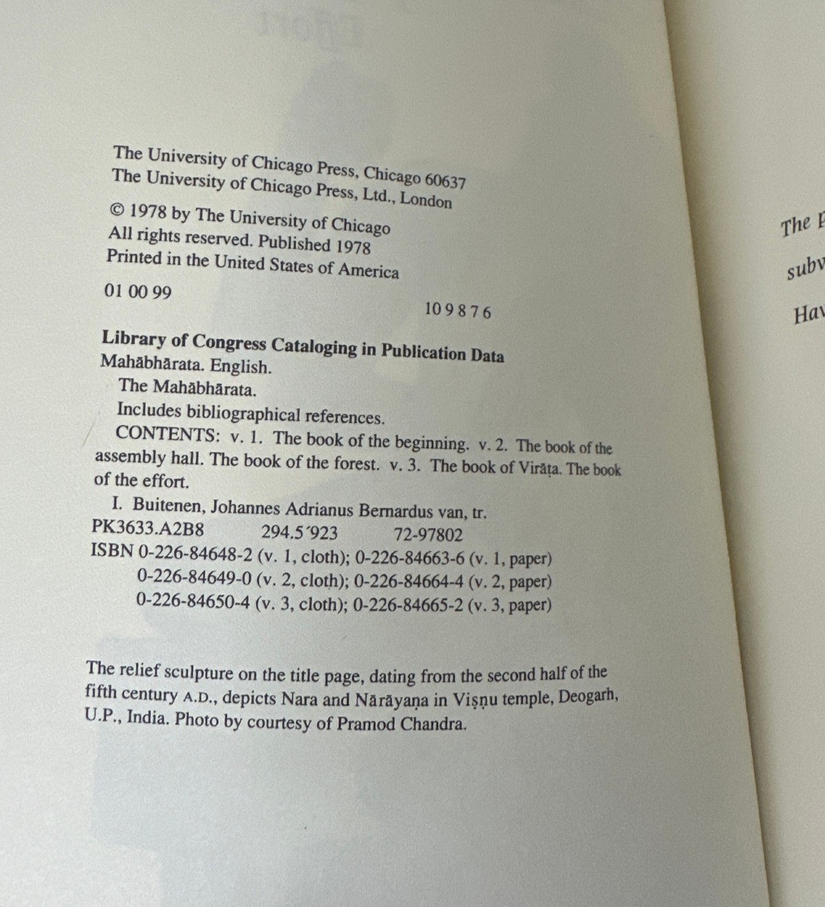 The Mahabharata, Volume 3 Translated & Edited by J.A.B. van Buitenen VG Cond.