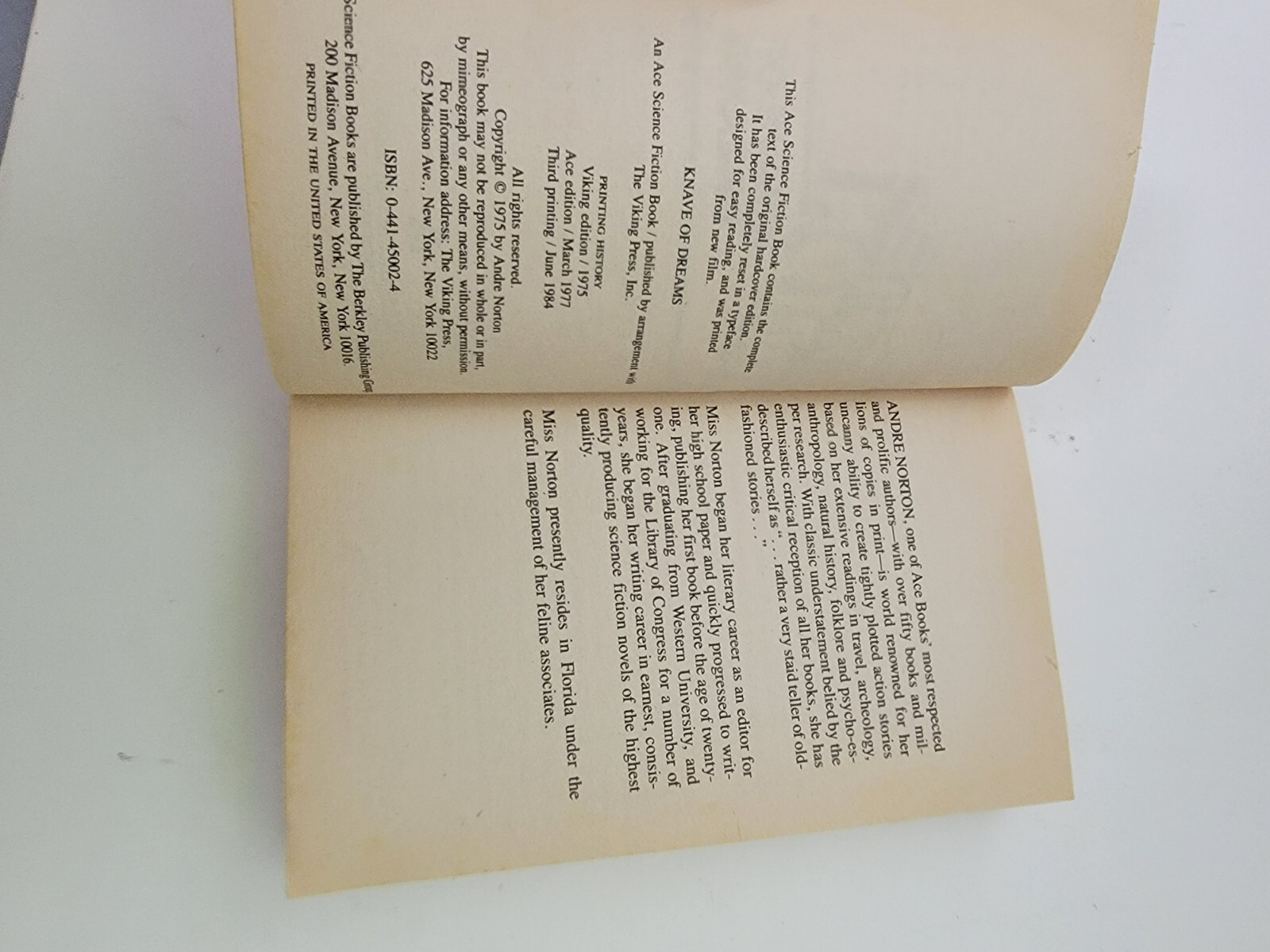 Knave of Dreams Ace Books [Paperback] Norton, Andre Vintage 1980s
