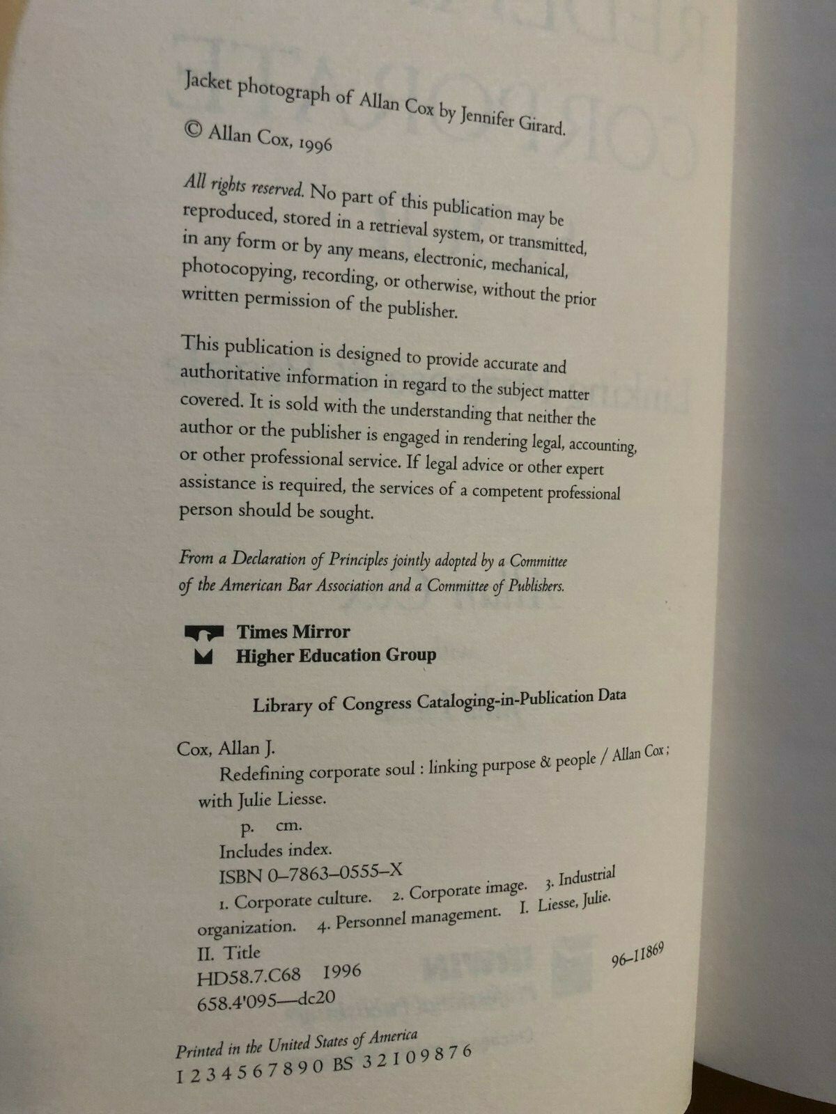 REDEFINING CORPORATE SOUL: by Allan Cox – Hardcover with Dust Jacket – SIGNED
