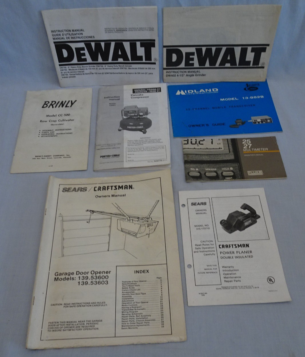 Lot 8 MANUALS DeWalt Tools Midland CB Radio CRAFTSMAN Fluke BRINLY Porter-Cable