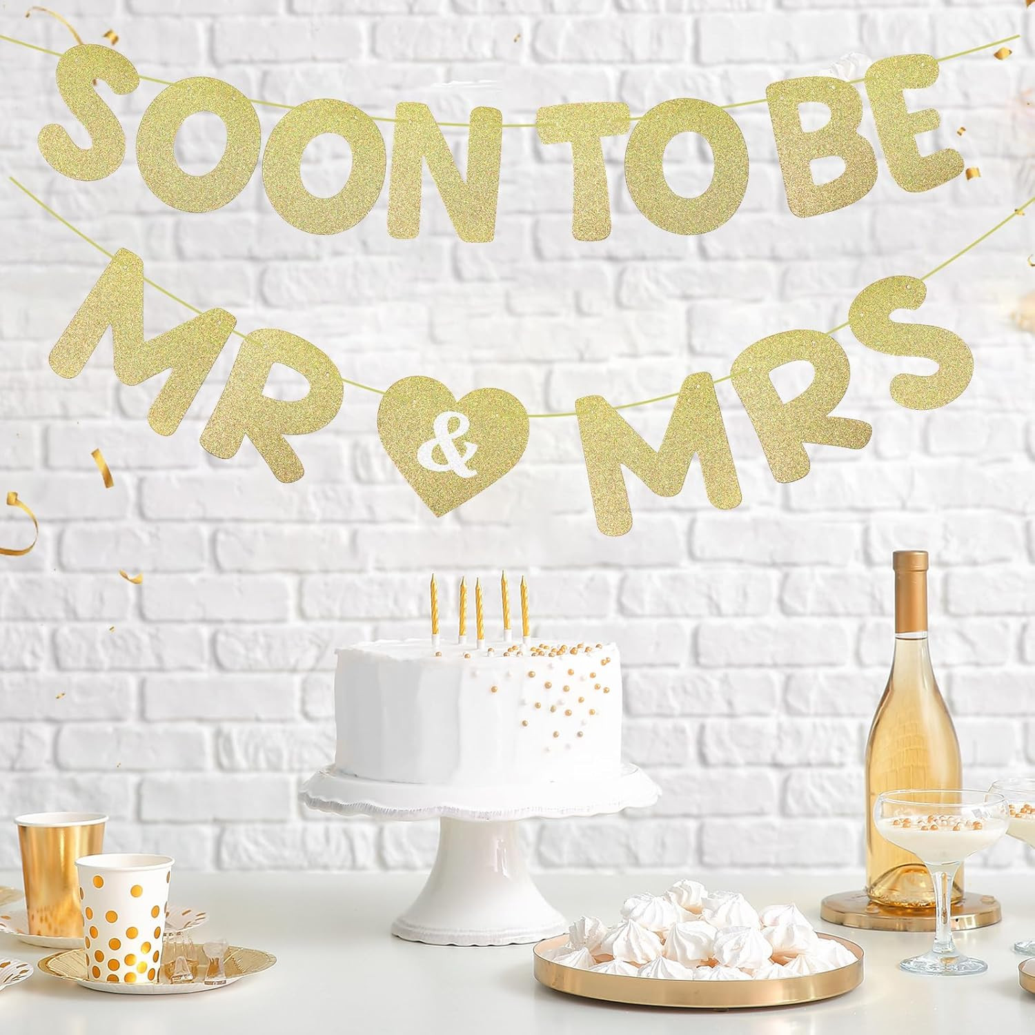 Soon to Be Mr & Mrs Banner for Bridal Shower Decorations Pre-Strung Gold Glitter