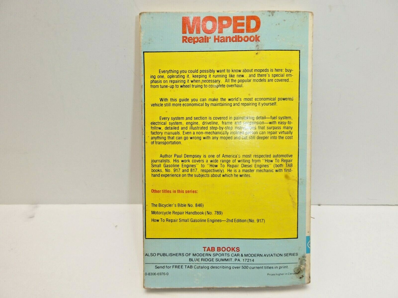 MOPED REPAIR HANDBOOK BY PAUL DEMPSEY TAB BOOKS No. 976 1ST PRINTING 1977