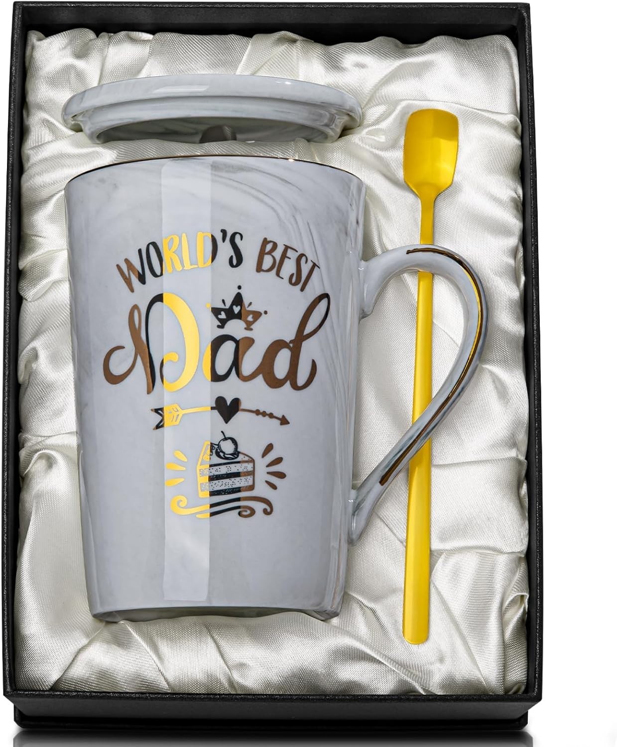 World’s Best Dad Funny Mug – 14oz Grey Marble Ceramic Gift Set for Father’s Day